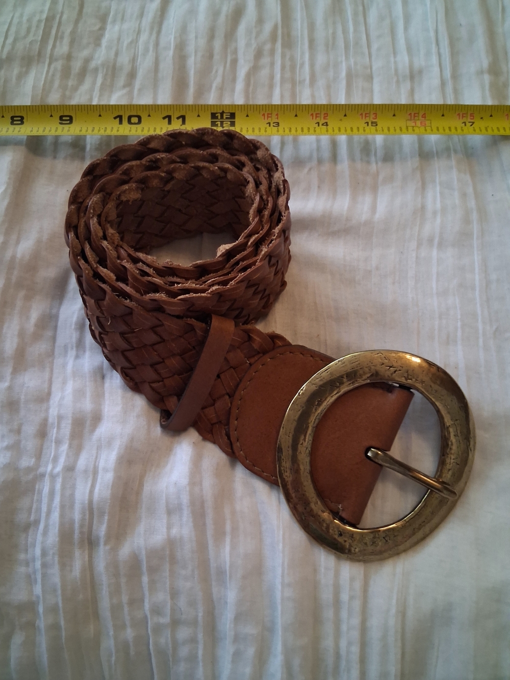 Chico's Woven Tan Leather Belt with Brass Round Buckle